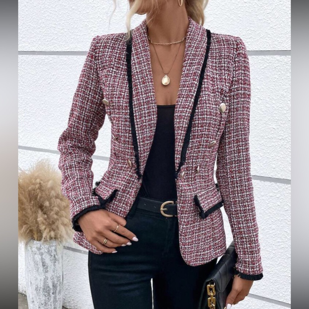 Luxe Plaid Tweed Button Down  Blazer Jacket Coat - Picture 15 of 15